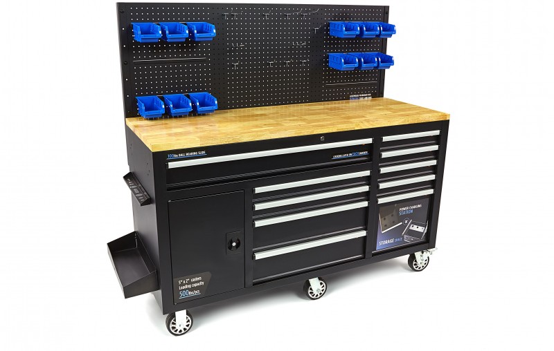 HBM werkbank 158 cm verrijdbaar met 10 laden, deur en achterwand, zwart