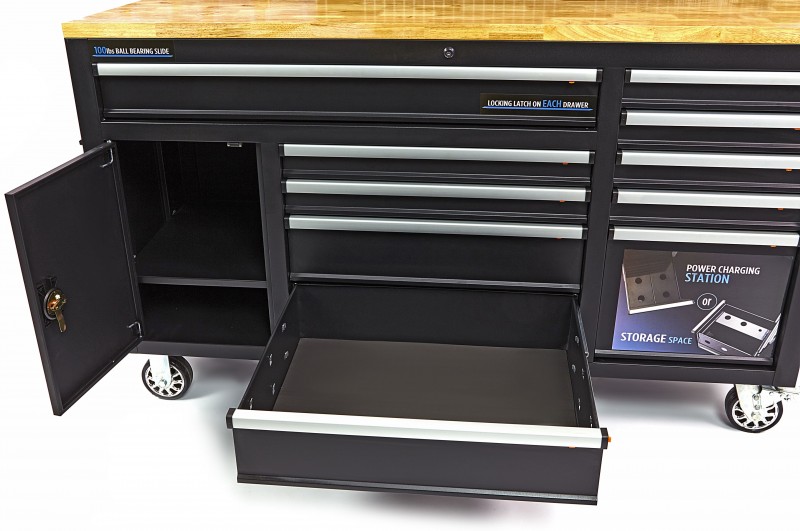 HBM werkbank 158 cm verrijdbaar met 10 laden, deur en achterwand, zwart