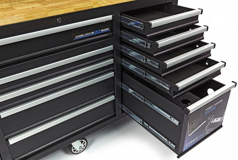 HBM werkbank 158 cm verrijdbaar met 10 laden, deur en achterwand, zwart