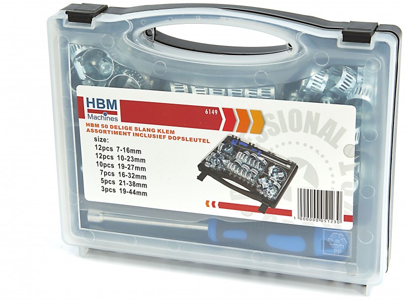 HBM 50-delige slangklemmen assortiment inclusief dopsleutel voor gereedschapswand