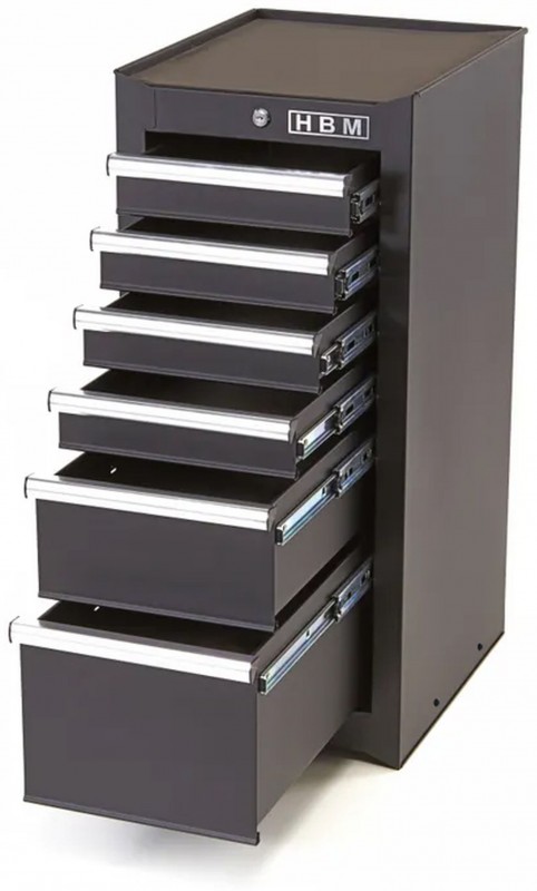 HBM gereedschapskast zwart 6 laden, gevuld, 40 kg, 390 x 460 x 860 mm