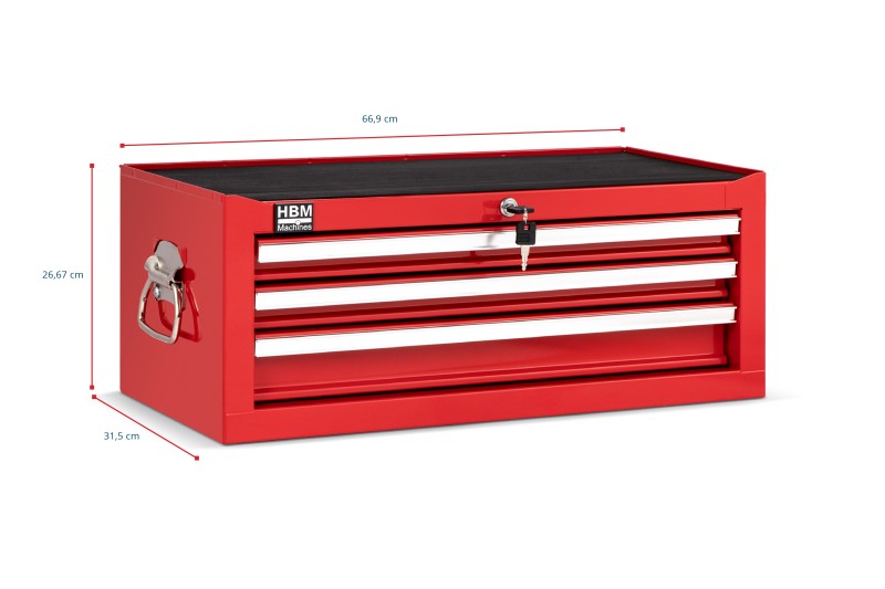 HBM Gereedschap Opzetkast Rood, Stapelbaar, Gevuld, Sleutelslot 670 x 315 x 265 mm