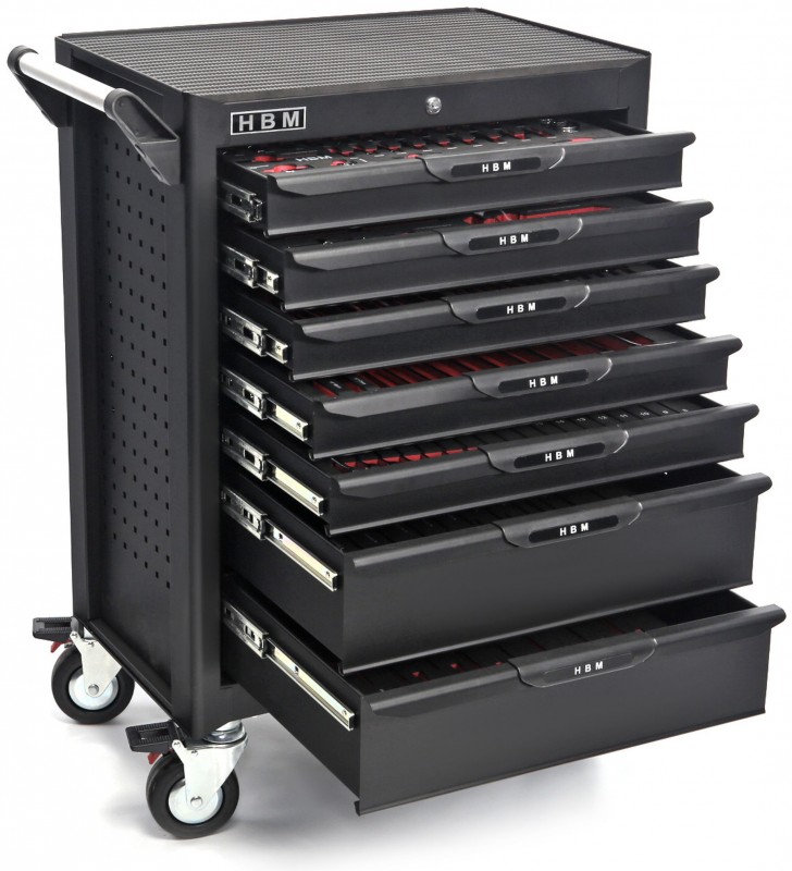 HBM deluxe gevulde gereedschapswagen 283-delig zwart, 7 laden, slot, 210 kg, 4 wielen