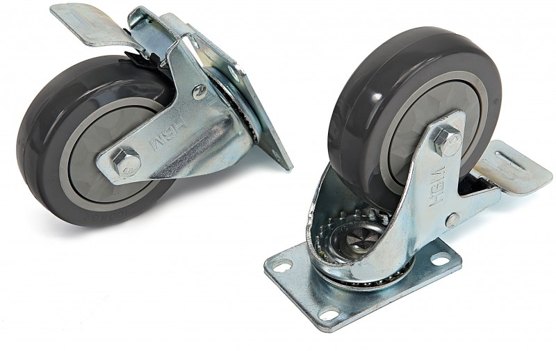 HBM Profi Zwenkwiel 100 mm met Voetplaat en Rem, 4 Stuks, Verzinkt Staal, Max. 120 kg, Hart-op-Hart 75 mm, Hoogte 130 mm