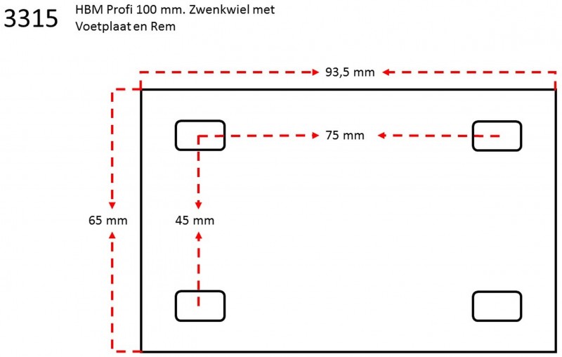 HBM Profi Zwenkwiel 100 mm met Voetplaat en Rem, 4 Stuks, Verzinkt Staal, Max. 120 kg, Hart-op-Hart 75 mm, Hoogte 130 mm