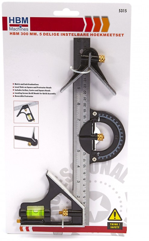 HBM 300 mm 5-delige instelbare hoekmeetset – centimeter, inch, millimeter, hoekgraden
