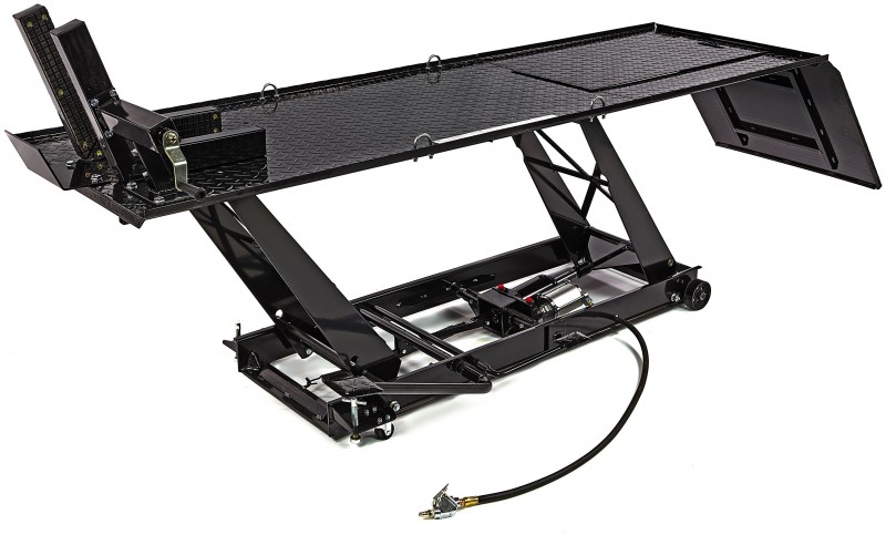 HBM motorheftafel 450 kg, hydraulisch en pneumatisch, verrijdbaar, luxe voorwielklem, zwart HBM motorheftafel 450 kg, hydraulisch en pneumatisch, verrijdbaar, luxe voorwielklem, zwart