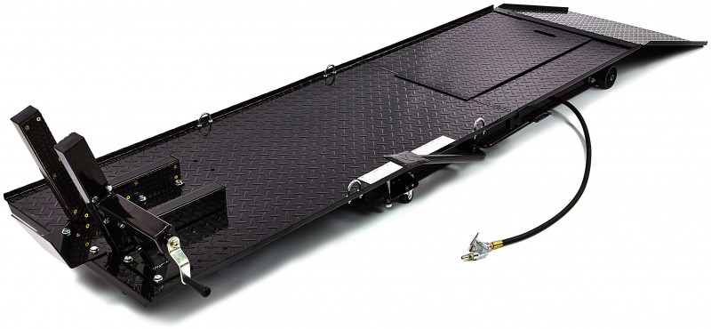 HBM motorheftafel 450 kg, hydraulisch en pneumatisch, verrijdbaar, luxe voorwielklem, zwart HBM motorheftafel 450 kg, hydraulisch en pneumatisch, verrijdbaar, luxe voorwielklem, zwart