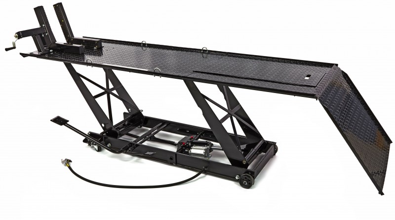 HBM motorheftafel 450 kg, hydraulisch en pneumatisch, verrijdbaar, luxe voorwielklem, zwart HBM motorheftafel 450 kg, hydraulisch en pneumatisch, verrijdbaar, luxe voorwielklem, zwart