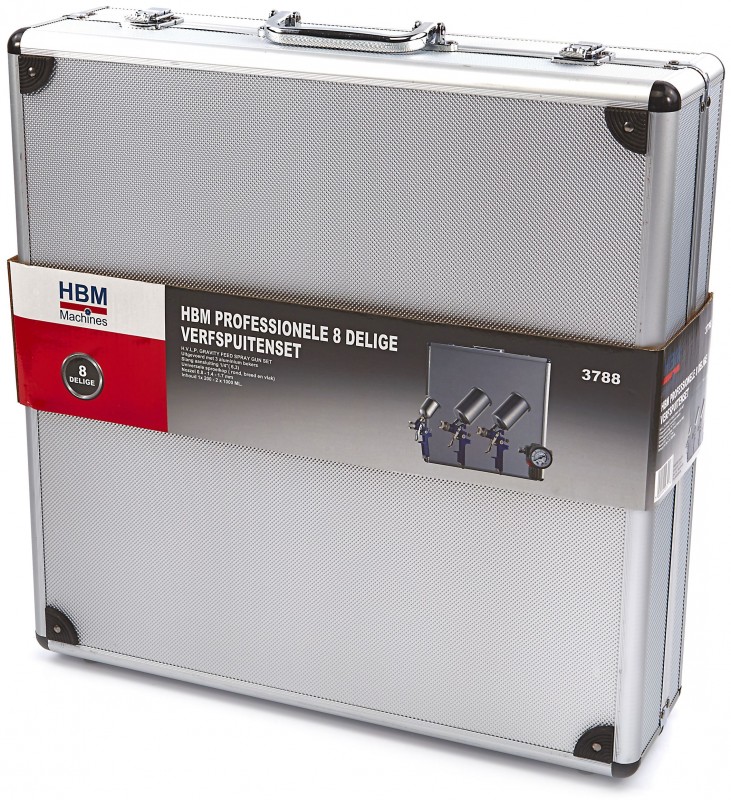 HBM Professionele 8-delige verfspuitenset met opbergkoffer, aluminium beker, universele sproeikop
