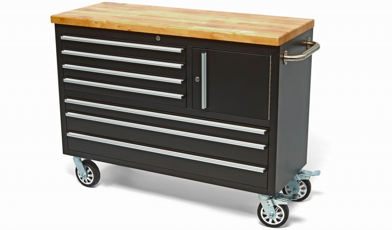 HBM verrijdbare gereedschapswagen met houten werkblad 122 cm, 7 laden, slot, zwart