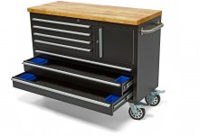 HBM verrijdbare gereedschapswagen met houten werkblad 122 cm, 7 laden, slot, zwart