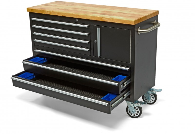 HBM verrijdbare gereedschapswagen met houten werkblad 122 cm, 7 laden, slot, zwart