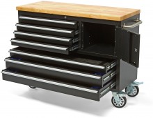 HBM verrijdbare gereedschapswagen met houten werkblad 122 cm, 7 laden, slot, zwart