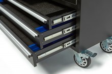 HBM verrijdbare gereedschapswagen met houten werkblad 122 cm, 7 laden, slot, zwart