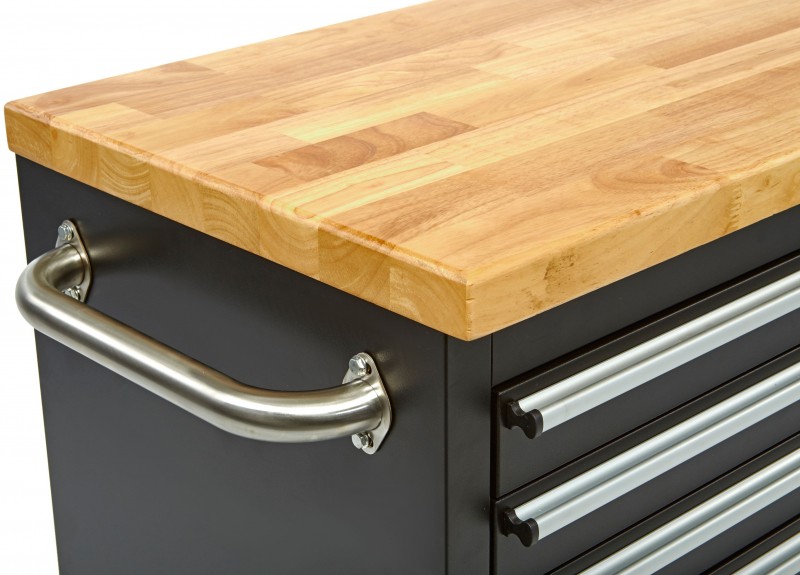 HBM verrijdbare gereedschapswagen met houten werkblad 122 cm, 7 laden, slot, zwart