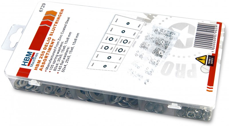HBM 250 Delig Sluitringen en Veerringen Assortiment voor Gereedschapswand HBM 250 Delig Sluitringen en Veerringen Assortiment voor Gereedschapswand