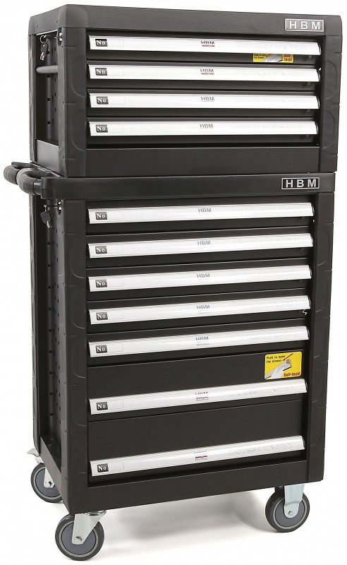 HBM gereedschap opzetkast 4 laden zwart, stapelbaar, zachtsluitend, kogellagers, 470x400x690 mm
