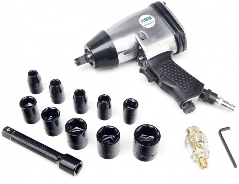 HBM 17-delige 1/2 inch pneumatische slagmoersleutelset 6 bar 7000 rpm incl. opbergkoffer