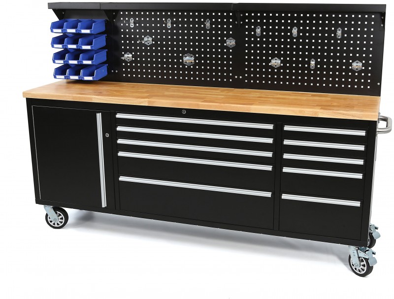 HBM verrijdbare gereedschapswagen met achterwand 215 cm, 10 laden, zwart HBM verrijdbare gereedschapswagen met achterwand 215 cm, 10 laden, zwart
