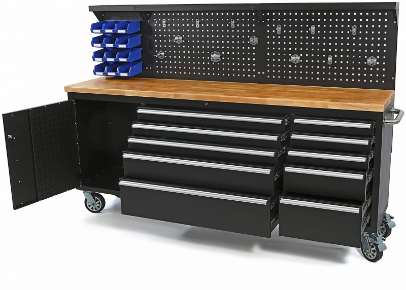HBM verrijdbare gereedschapswagen met achterwand 215 cm, 10 laden, zwart HBM verrijdbare gereedschapswagen met achterwand 215 cm, 10 laden, zwart