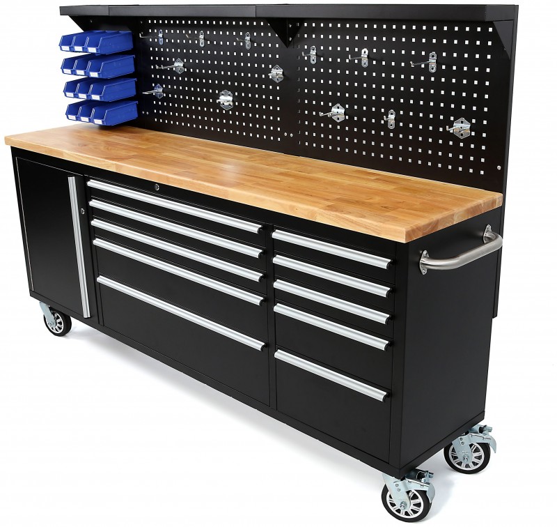 HBM verrijdbare gereedschapswagen met achterwand 215 cm, 10 laden, zwart HBM verrijdbare gereedschapswagen met achterwand 215 cm, 10 laden, zwart