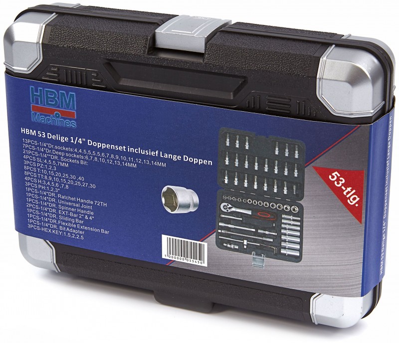 HBM 53-delige 1/4 inch dopsleutelset inclusief lange doppen