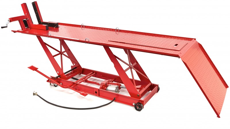 HBM 450 kg Motorheftafel Hydraulisch en Pneumatisch, Verrijdbaar, Luxe Voorwielklem, Rood