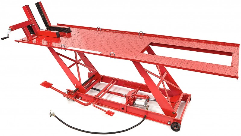 HBM 450 kg Motorheftafel Hydraulisch en Pneumatisch, Verrijdbaar, Luxe Voorwielklem, Rood