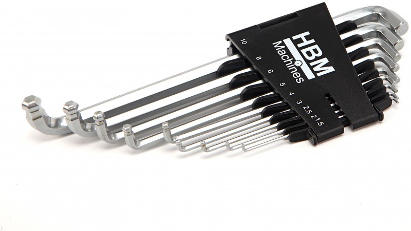 HBM Profi 9-delige Metrische Lange Inbussleutel Set 200 mm met Extra Korte Kop
