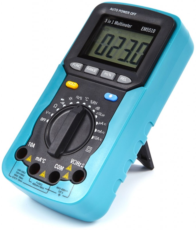 HBM 5-in-1 digitale multimeter met ampère, volt, weerstand, capaciteit, hertz, temperatuur en vochtigheid HBM 5-in-1 digitale multimeter met ampère, volt, weerstand, capaciteit, hertz, temperatuur en vochtigheid