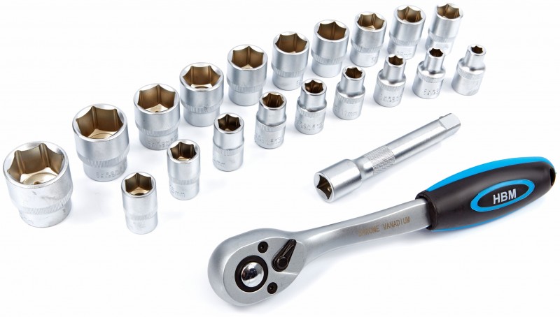 HBM 1/2 inch professionele ratel met 19 doppen en verlengstuk HBM 1/2 inch professionele ratel met 19 doppen en verlengstuk