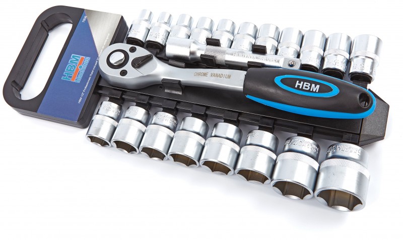 HBM 1/2 inch professionele ratel met 19 doppen en verlengstuk HBM 1/2 inch professionele ratel met 19 doppen en verlengstuk