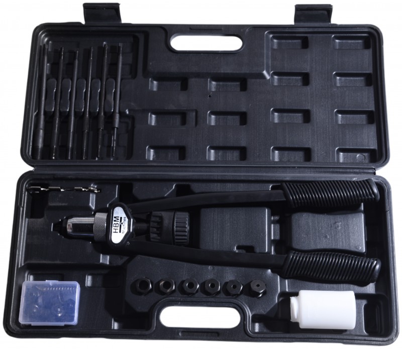 HBM Blindklinkmoertang en Popnageltang Model 2 met 4 mondstukjes, opbergkoffer, voor popnagels 3,2-6,4 mm en blindklinkmoeren M3 HBM Blindklinkmoertang en Popnageltang Model 2 met 4 mondstukjes, opbergkoffer, voor popnagels 3,2-6,4 mm en blindklinkmoeren M3