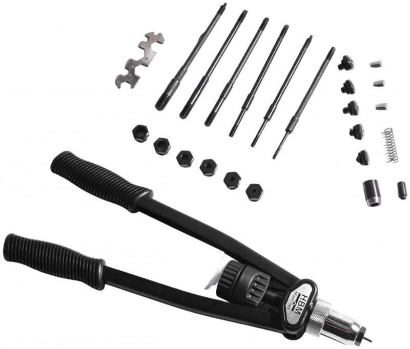HBM Blindklinkmoertang en Popnageltang Model 2 met 4 mondstukjes, opbergkoffer, voor popnagels 3,2-6,4 mm en blindklinkmoeren M3 HBM Blindklinkmoertang en Popnageltang Model 2 met 4 mondstukjes, opbergkoffer, voor popnagels 3,2-6,4 mm en blindklinkmoeren M3