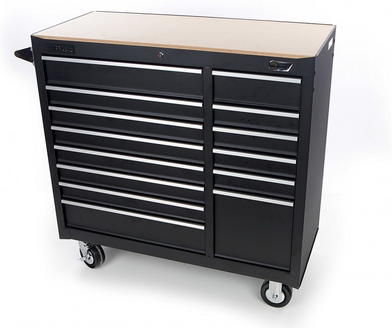 HBM gereedschapswagen 14 laden 100 cm zwart met slot, werkblad en 453 kg draagvermogen HBM gereedschapswagen 14 laden 100 cm zwart met slot, werkblad en 453 kg draagvermogen