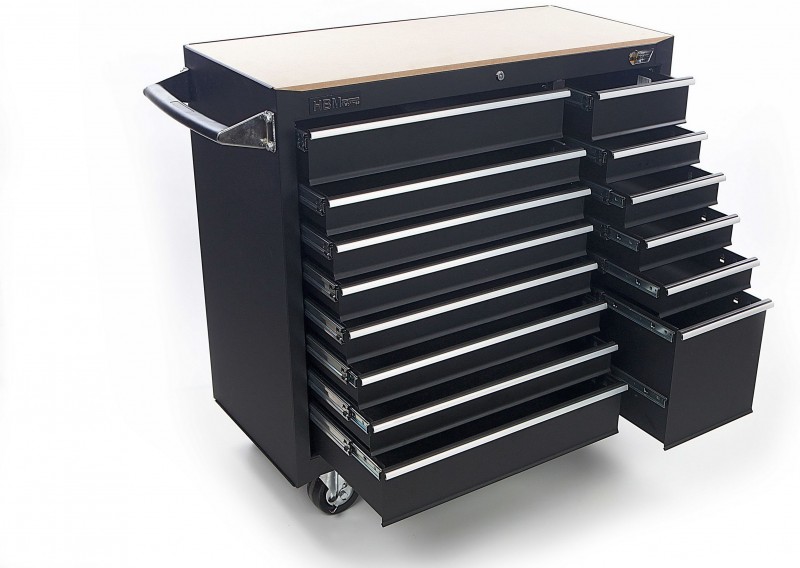 HBM gereedschapswagen 14 laden 100 cm zwart met slot, werkblad en 453 kg draagvermogen HBM gereedschapswagen 14 laden 100 cm zwart met slot, werkblad en 453 kg draagvermogen