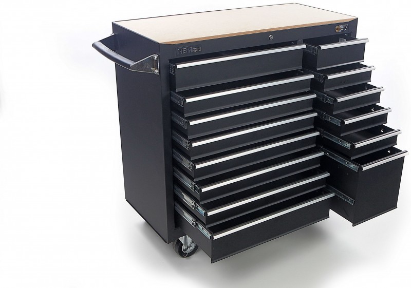 HBM gereedschapswagen 14 laden 100 cm zwart met slot, werkblad en 453 kg draagvermogen HBM gereedschapswagen 14 laden 100 cm zwart met slot, werkblad en 453 kg draagvermogen