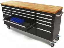 HBM Profi Gereedschapswagen Werkbank met Houten Blad 182 cm - Zwart, Verrijdbaar, 15 Laden, 700 kg
