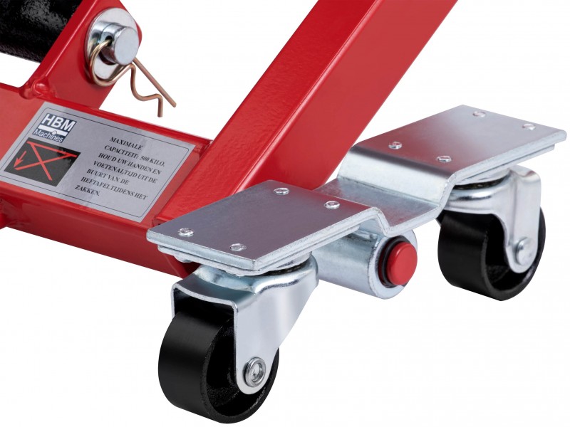 HBM universele verrijdbare motorlift rood, draagvermogen 500 kg, plateau 68 x 37 cm, 4 hoogtes