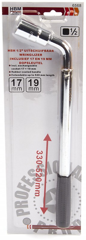 HBM 1/2 inch Uitschuifbaar Wringijzer met 17 en 19 mm Dopsleutel HBM 1/2 inch Uitschuifbaar Wringijzer met 17 en 19 mm Dopsleutel