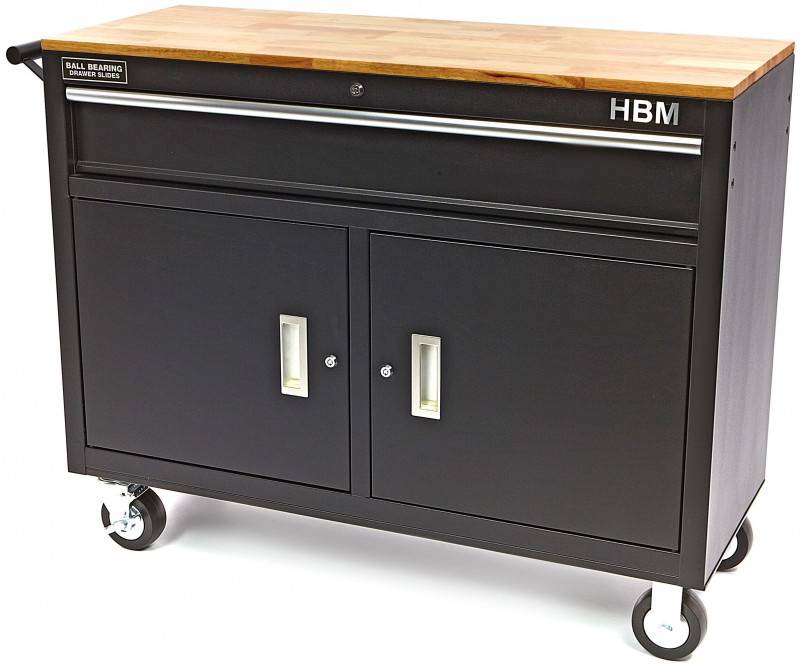 HBM profi verrijdbare gereedschapswagen werkbank 117 cm zwart met slot en werkblad