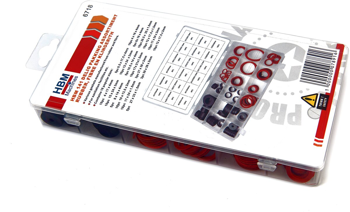 Hbm 141-del pakningssortiment af gummi, fiber og klingerit