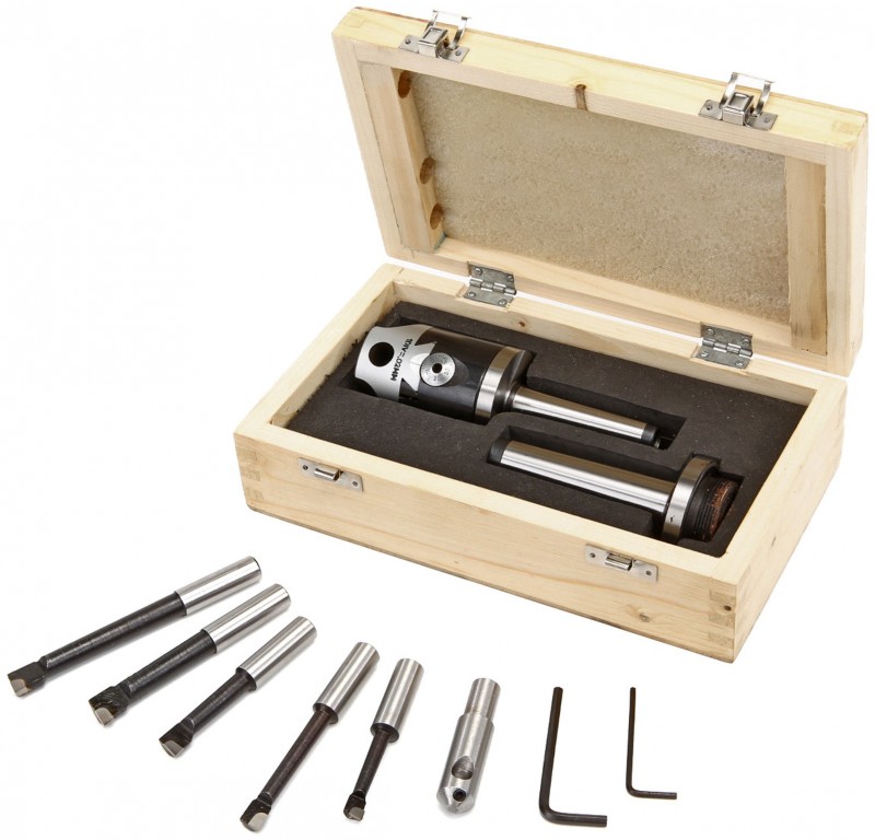 HBM 50 mm MC2 Kotterkop met 5 HM beitels, flycutter, opname 12 mm, millimeterschaal en houten koffer
