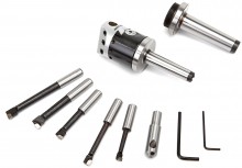 HBM 50 mm MC2 Kotterkop met 5 HM beitels, flycutter, opname 12 mm, millimeterschaal en houten koffer