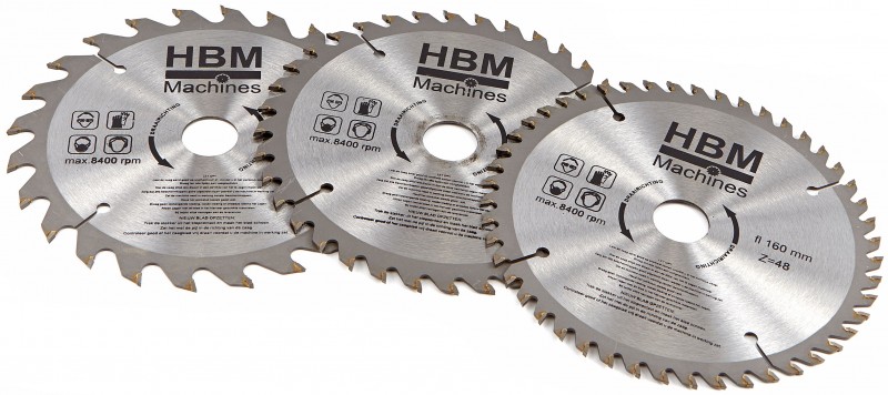 HBM 160 mm 3-delt profi cirkelsavklinger sæt til dyksav, 24/36/48 tænder, 2,2 mm, med kuffert.