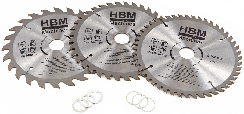 HBM 160 mm 3-delt profi cirkelsavklinger sæt til dyksav, 24/36/48 tænder, 2,2 mm, med kuffert.