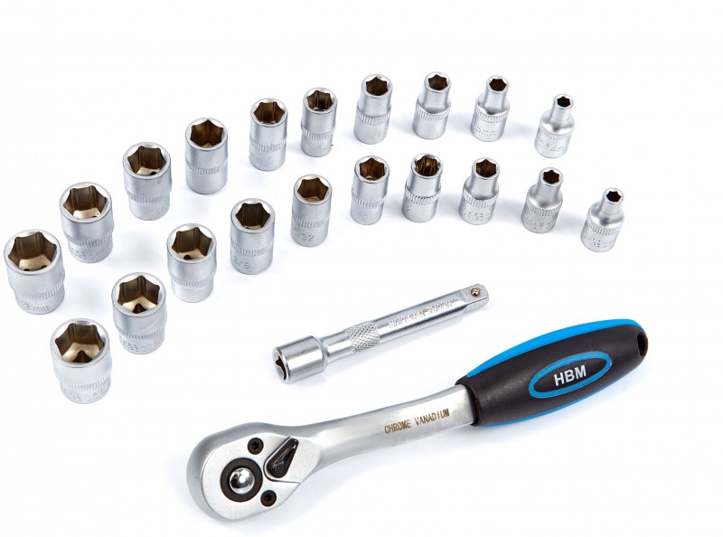 HBM 1/4 inch professionele ratel met 20 doppen en verlengstuk
