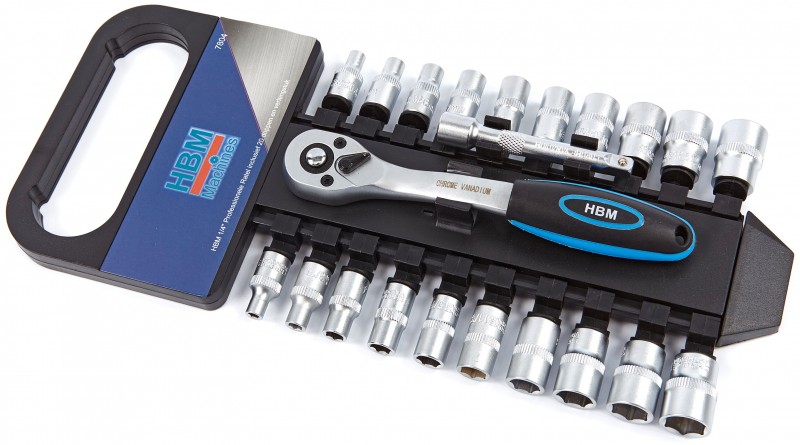HBM 1/4 inch professionele ratel met 20 doppen en verlengstuk
