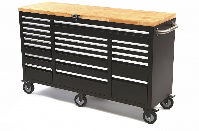 HBM verrijdbare gereedschapswagen met houten werkblad 146 cm zwart 20 laden 750 kg